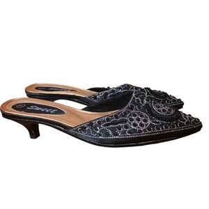 Sweet Kitten Heel Pointed Toe Slip On Mules Black Multicolored Beads Size 7
